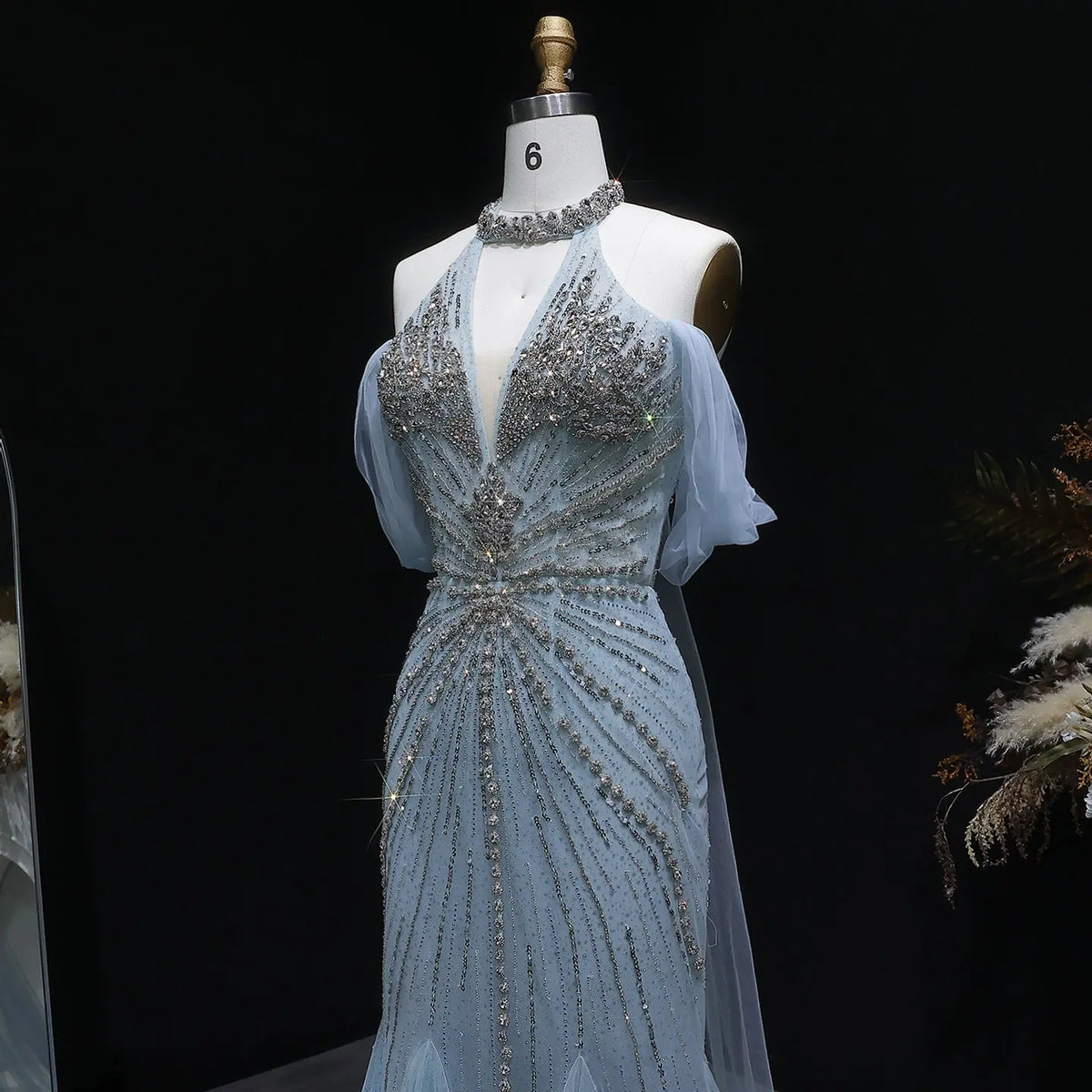 Luxury Turquoise Beaded Deep V Fitted Mermaid Evening Dress with Cap SS727 