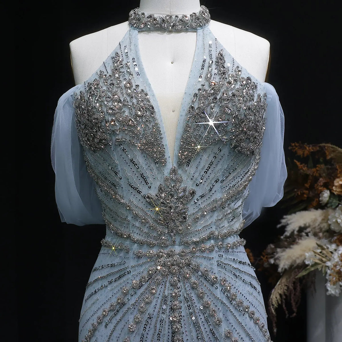 Luxury Turquoise Beaded Deep V Fitted Mermaid Evening Dress with Cap SS727 