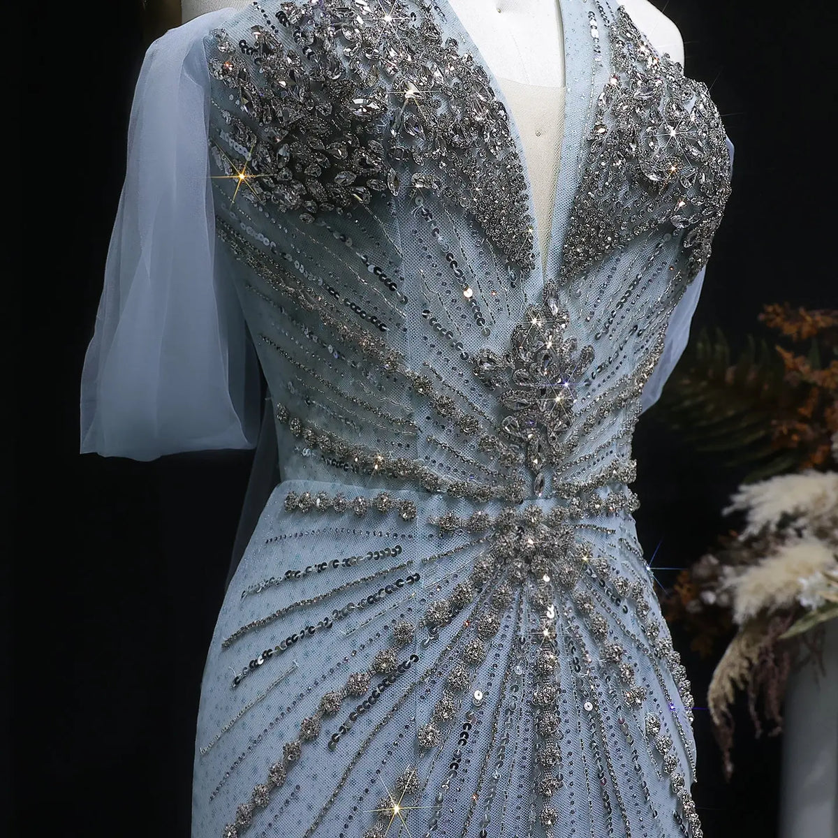 Luxury Turquoise Beaded Deep V Fitted Mermaid Evening Dress with Cap SS727 