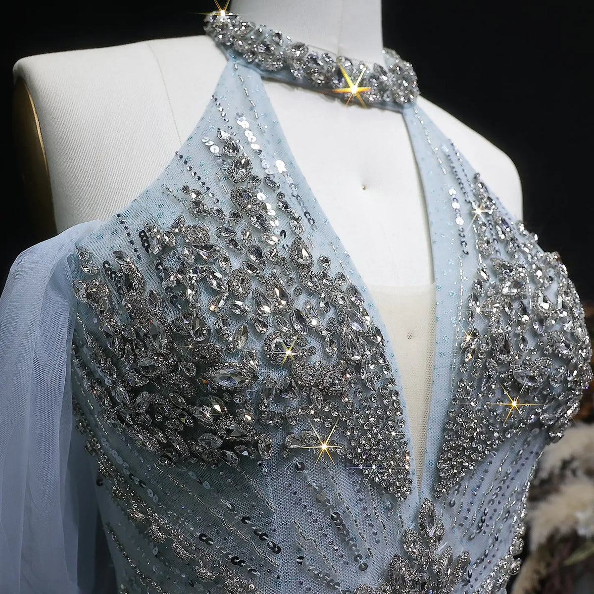 Luxury Turquoise Beaded Deep V Fitted Mermaid Evening Dress with Cap SS727 