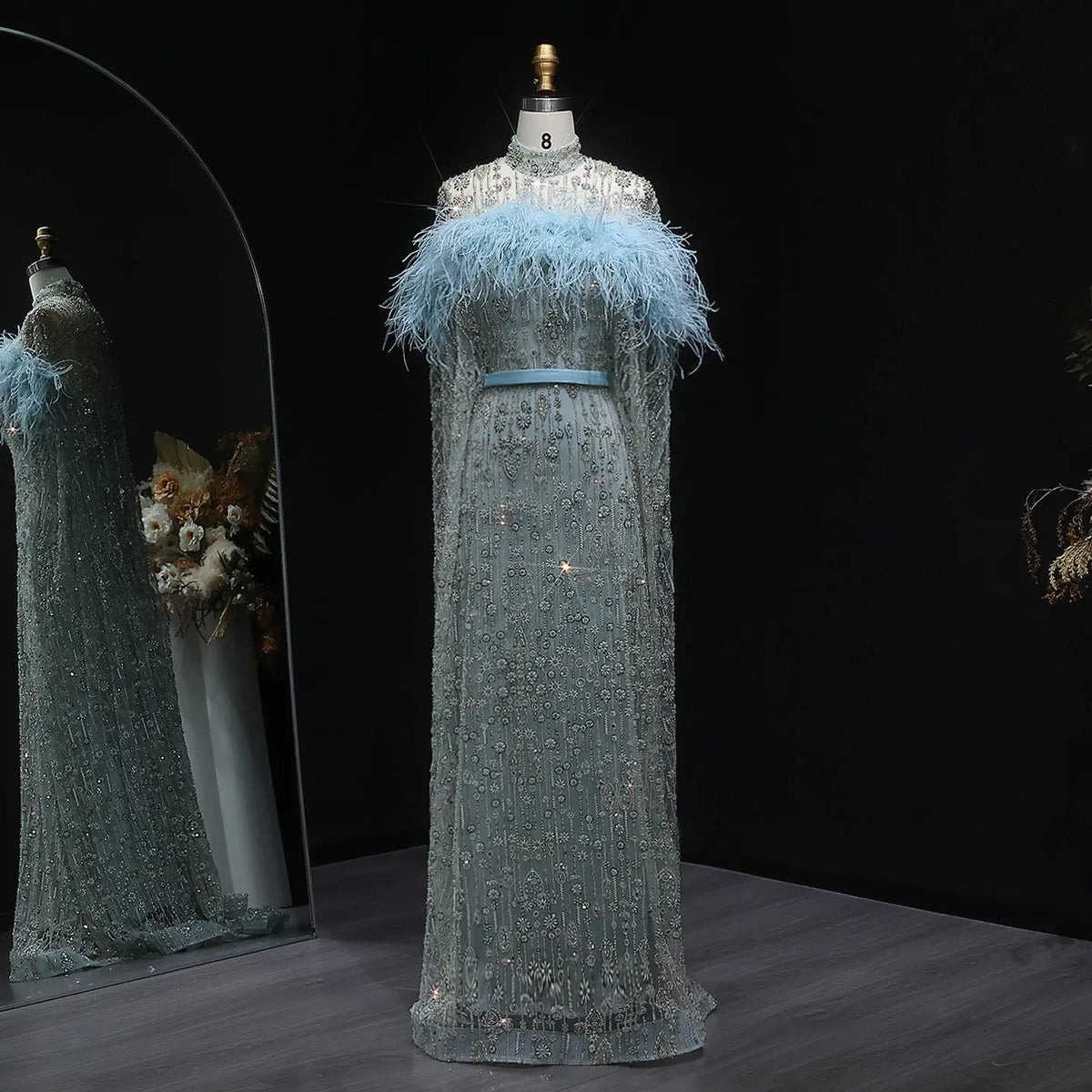 Luxury Beaded Dubai Kaftan Feathers Evening Dress with Cape Sleeves SS665 