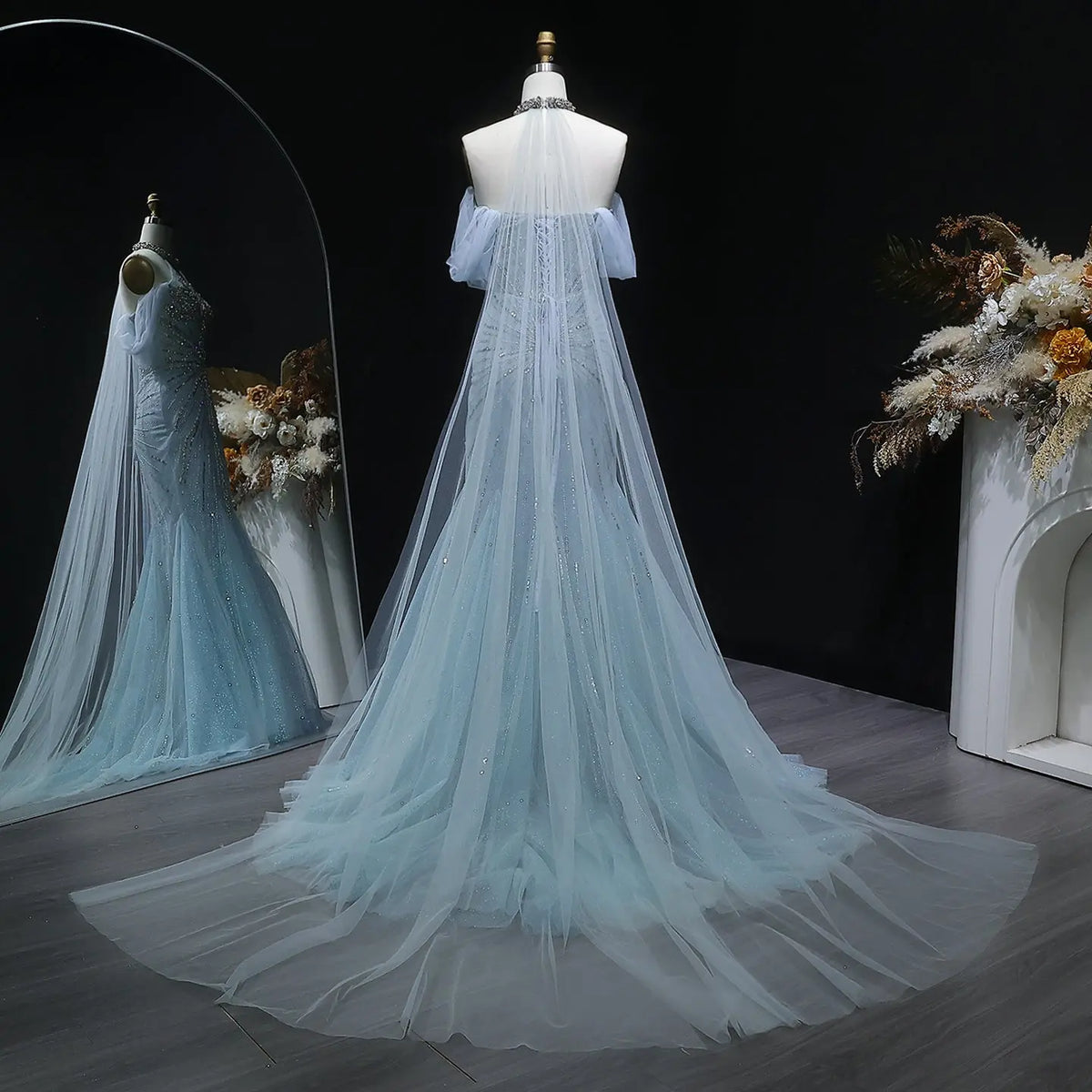 Luxury Turquoise Beaded Deep V Fitted Mermaid Evening Dress with Cap SS727 