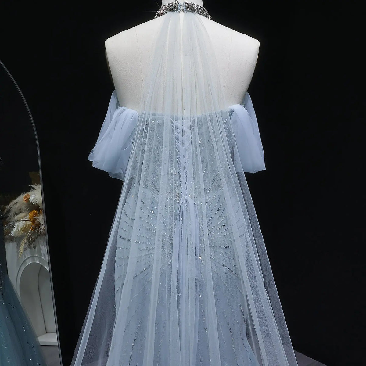 Luxury Turquoise Beaded Deep V Fitted Mermaid Evening Dress with Cap SS727 