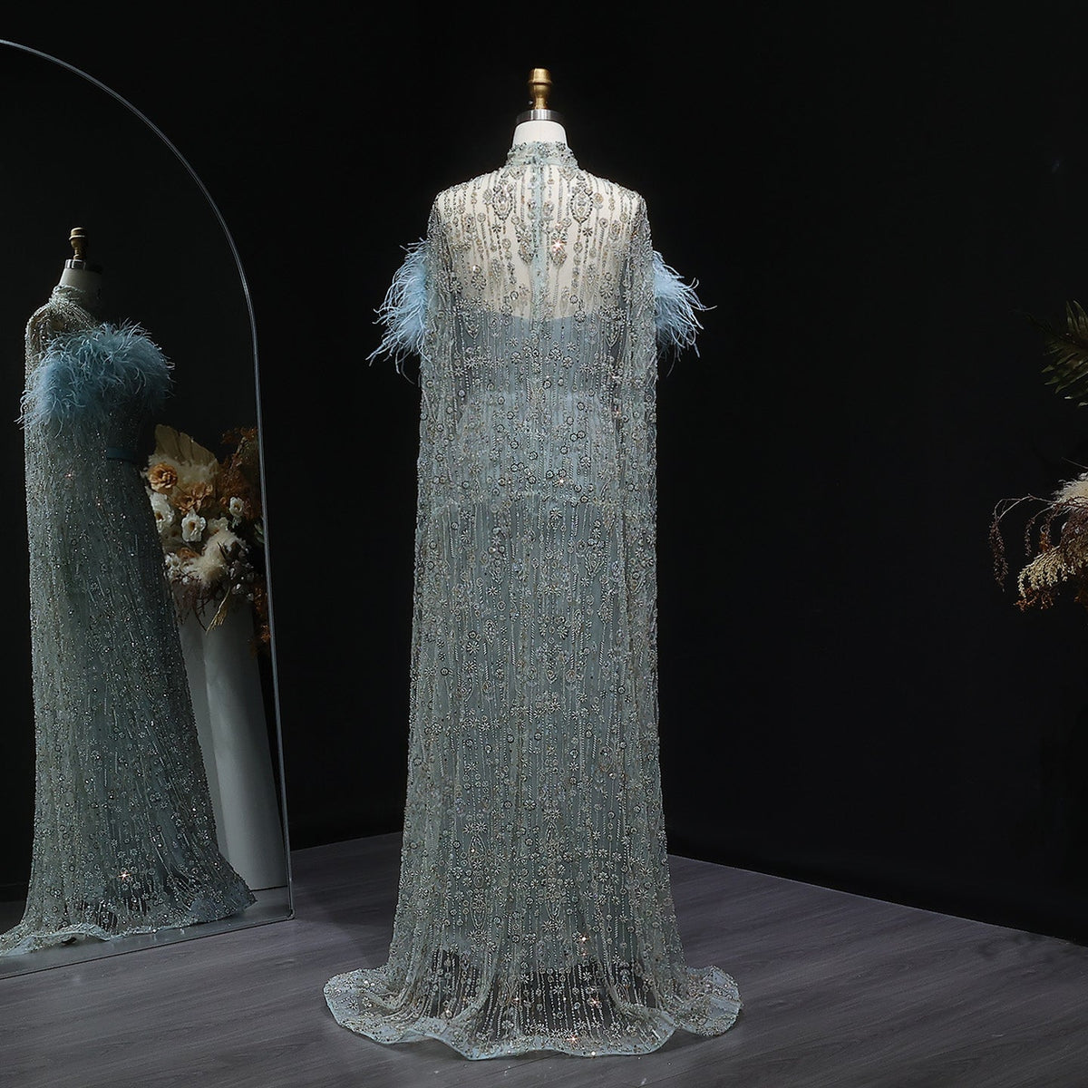 Luxury Beaded Dubai Kaftan Feathers Evening Dress with Cape Sleeves SS665