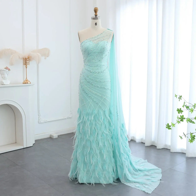Luxury Feather Turquoise One Shoulder Evening Dress SS498 