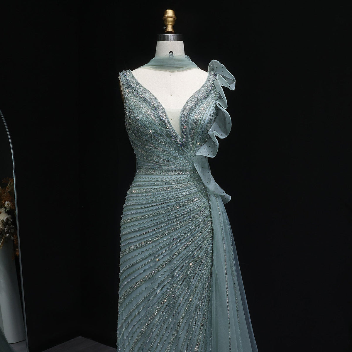 Luxury Beaded Mermaid Evening Dress with Scarf and Overskirt SS189