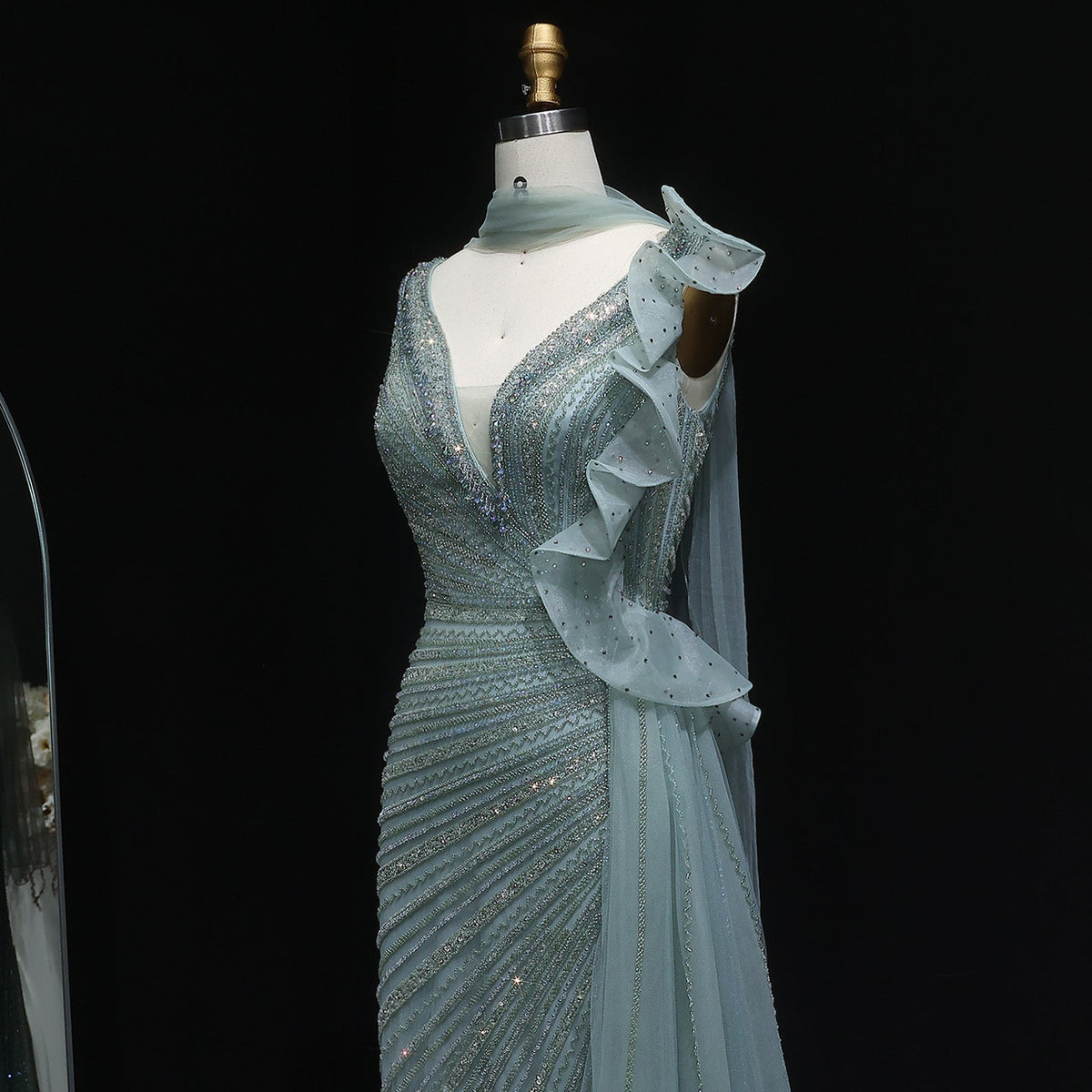 Luxury Beaded Mermaid Evening Dress with Scarf and Overskirt SS189