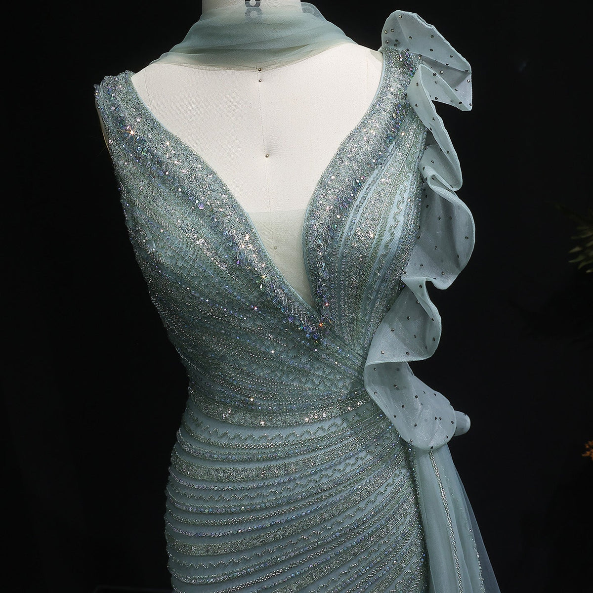 Luxury Beaded Mermaid Evening Dress with Scarf and Overskirt SS189
