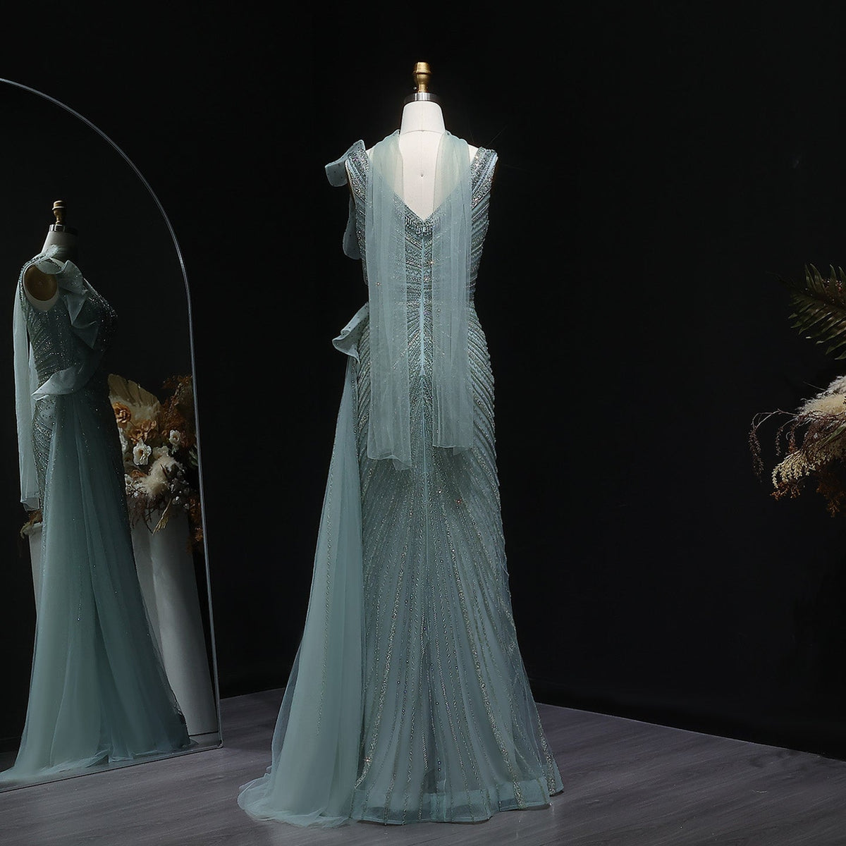 Luxury Beaded Mermaid Evening Dress with Scarf and Overskirt SS189