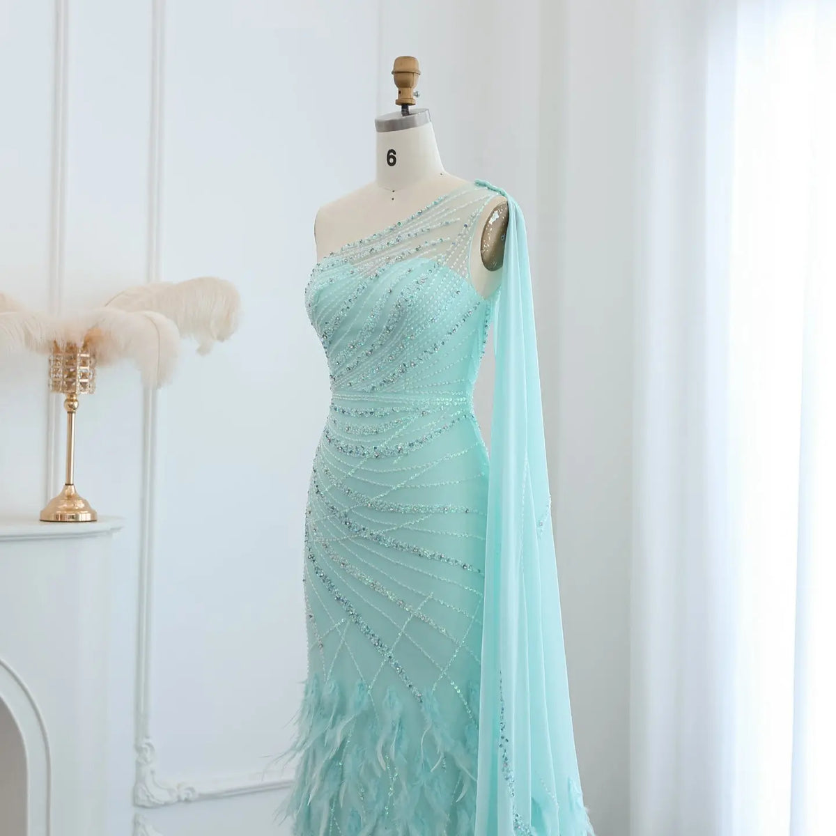Luxury Feather Turquoise One Shoulder Evening Dress SS498 Luxury Feather Turquoise One Shoulder Evening Dress SS498