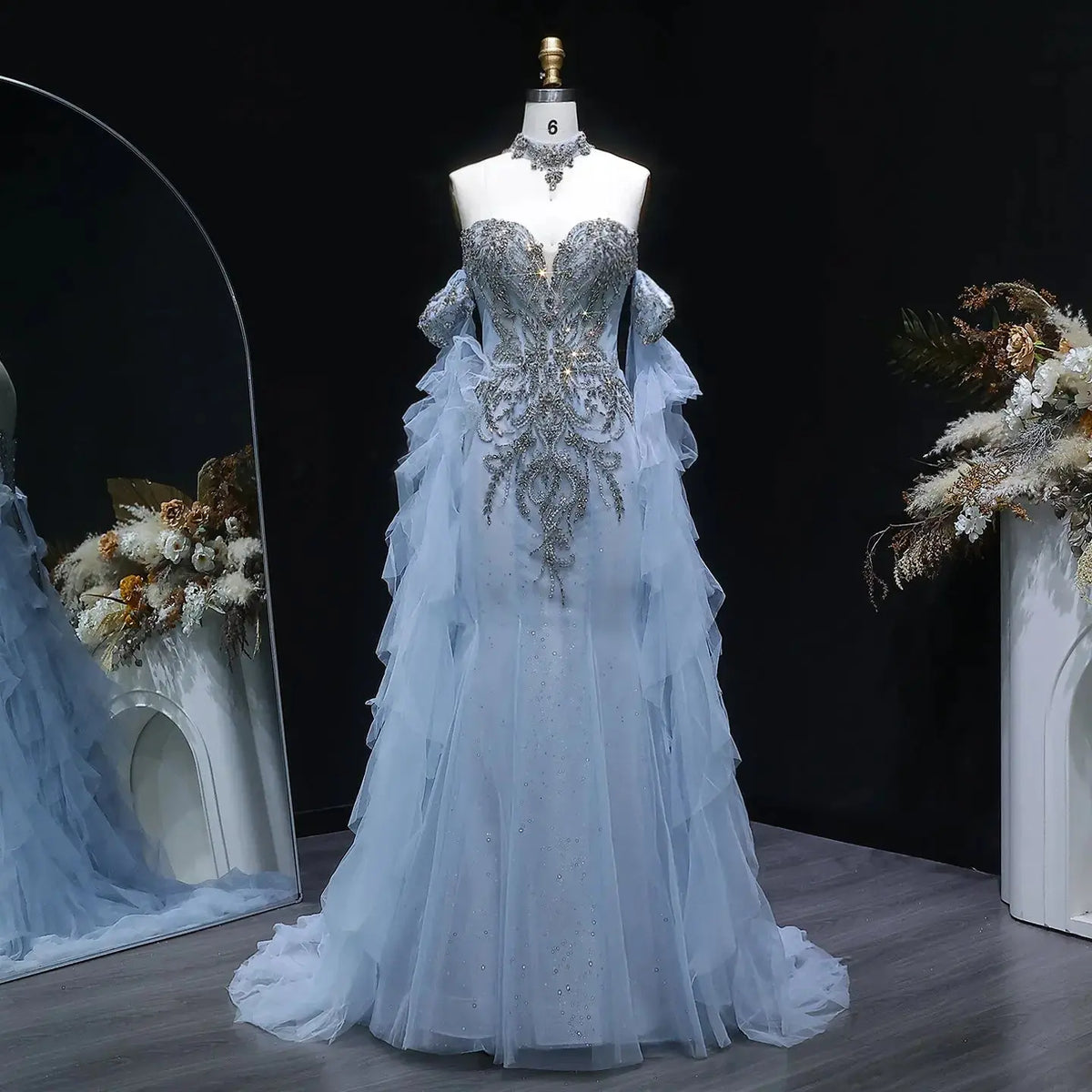 Luxury Blue Beaded Tulle Evening Dress with Flowing Sleeves SS723 