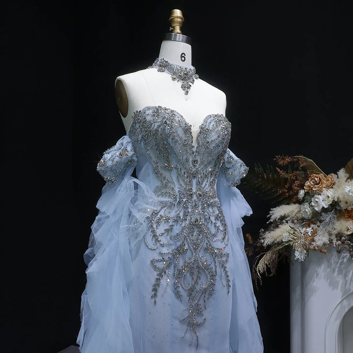 Luxury Blue Beaded Tulle Evening Dress with Flowing Sleeves SS723 