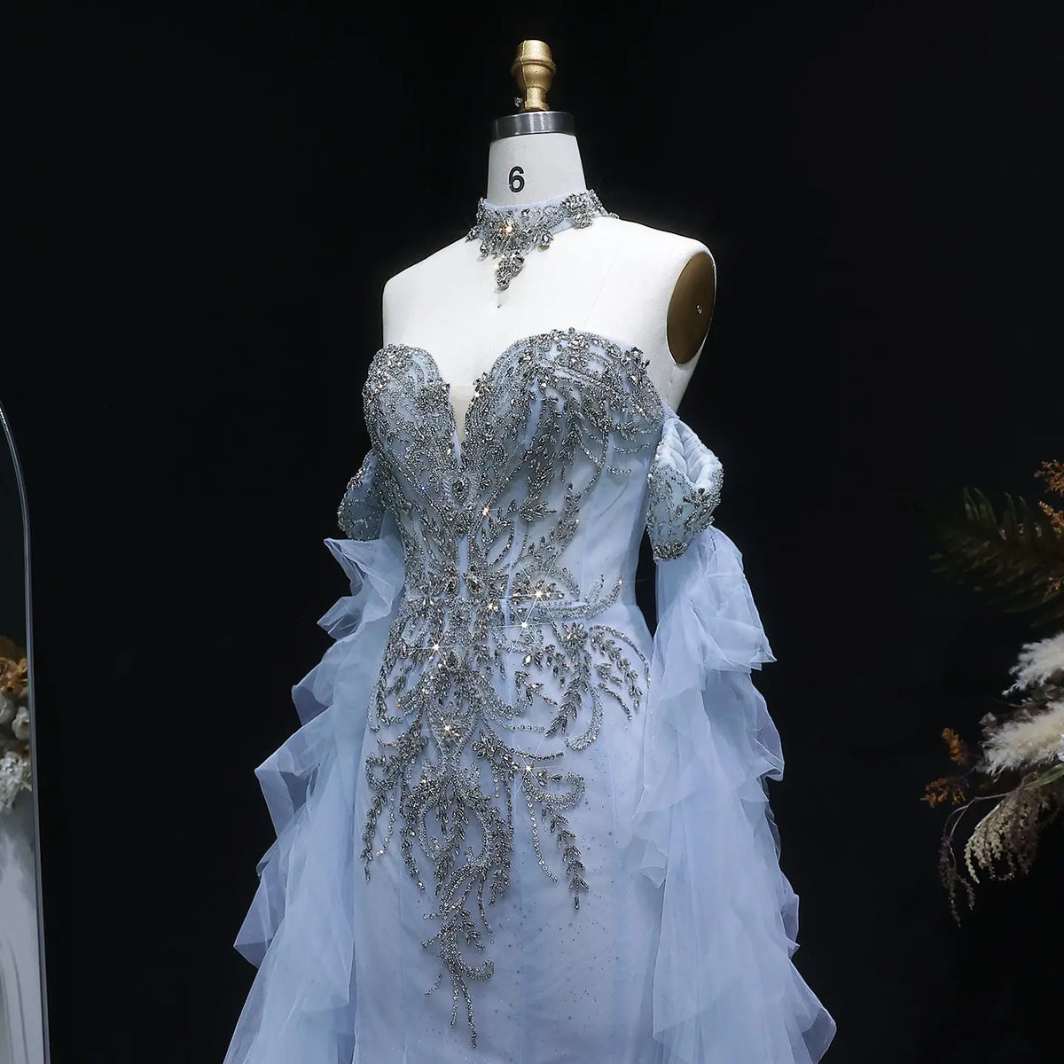 Luxury Blue Beaded Tulle Evening Dress with Flowing Sleeves SS723 