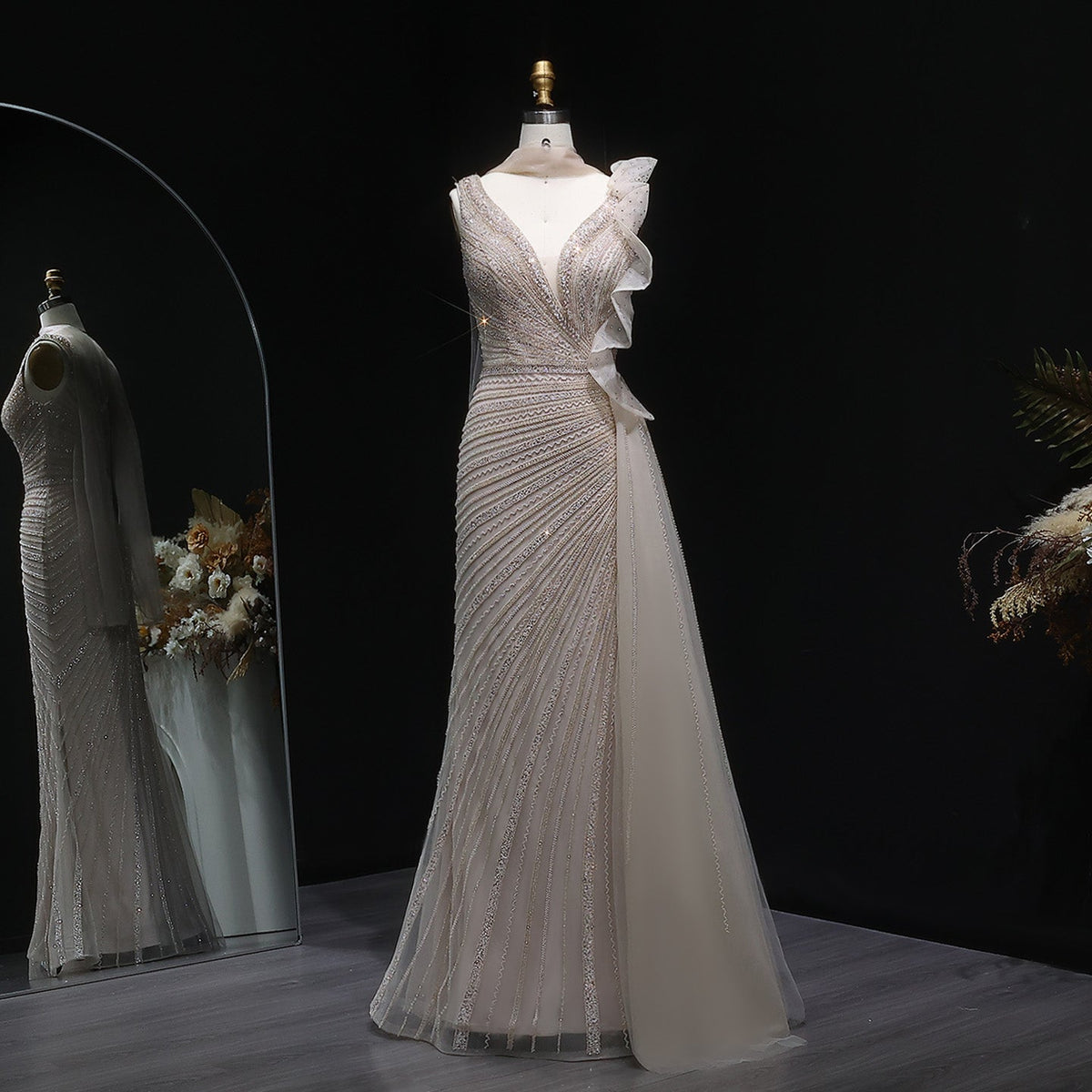 Luxury Beaded Mermaid Evening Dress with Scarf and Overskirt SS189