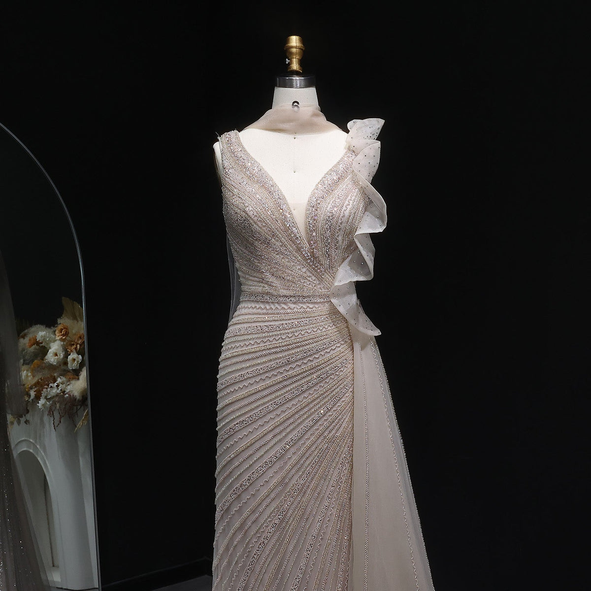 Luxury Beaded Mermaid Evening Dress with Scarf and Overskirt SS189