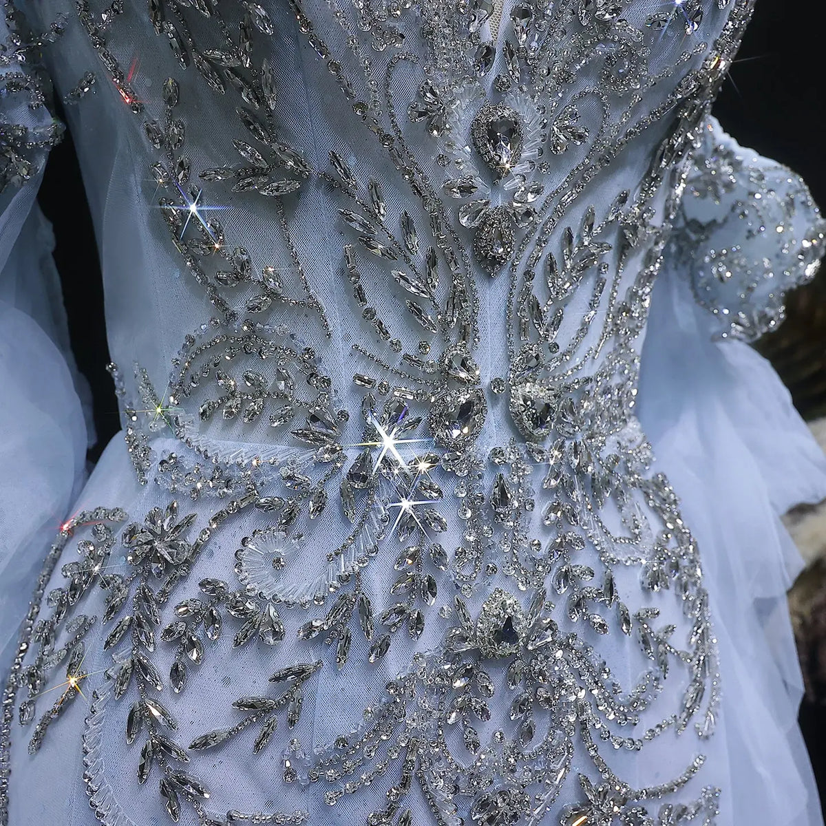 Luxury Blue Beaded Tulle Evening Dress with Flowing Sleeves SS723 