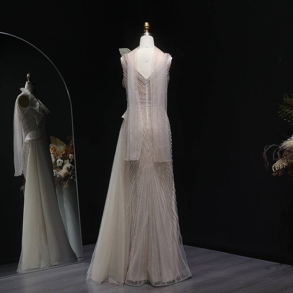 Luxury Beaded Mermaid Evening Dress with Scarf and Overskirt SS189