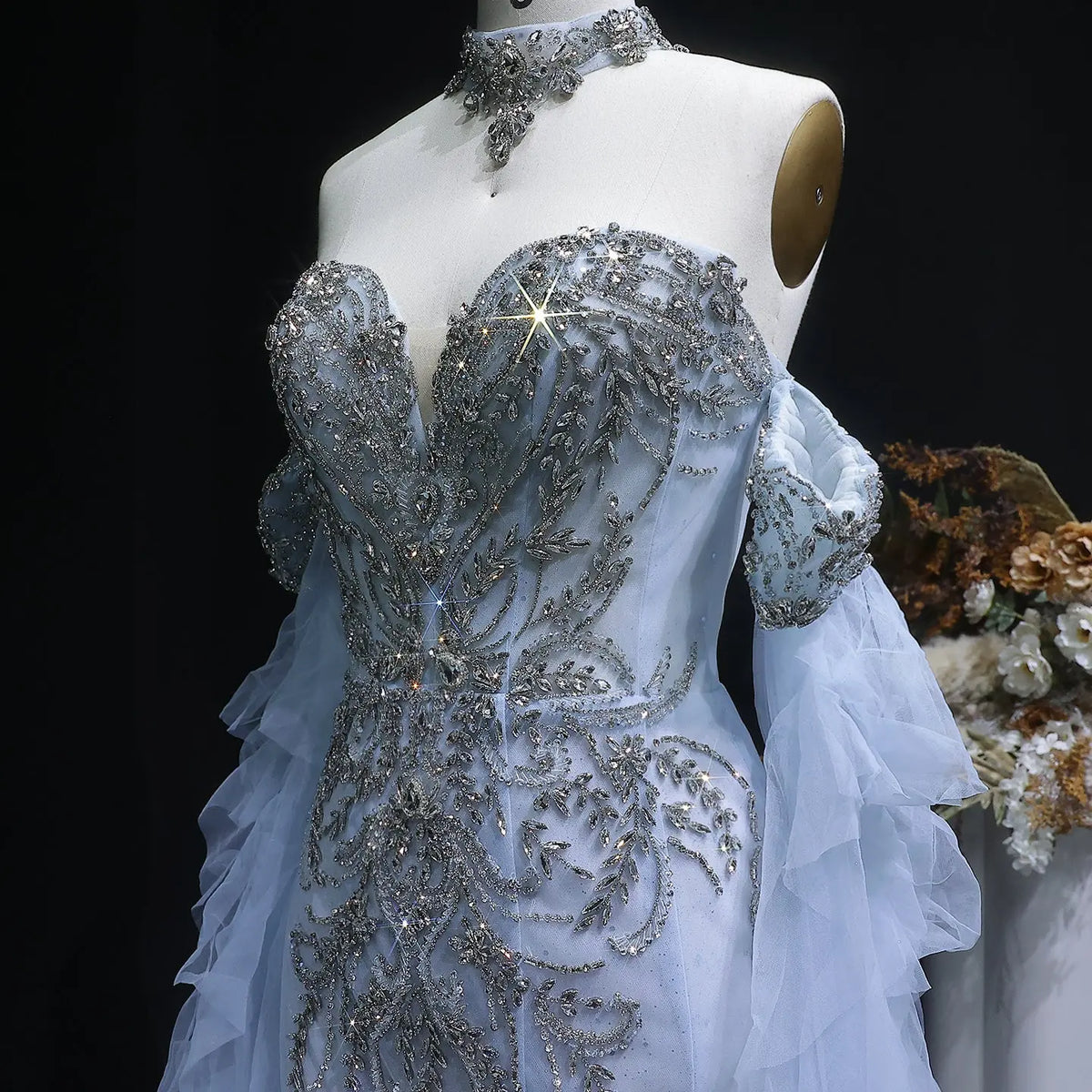 Luxury Blue Beaded Tulle Evening Dress with Flowing Sleeves SS723 