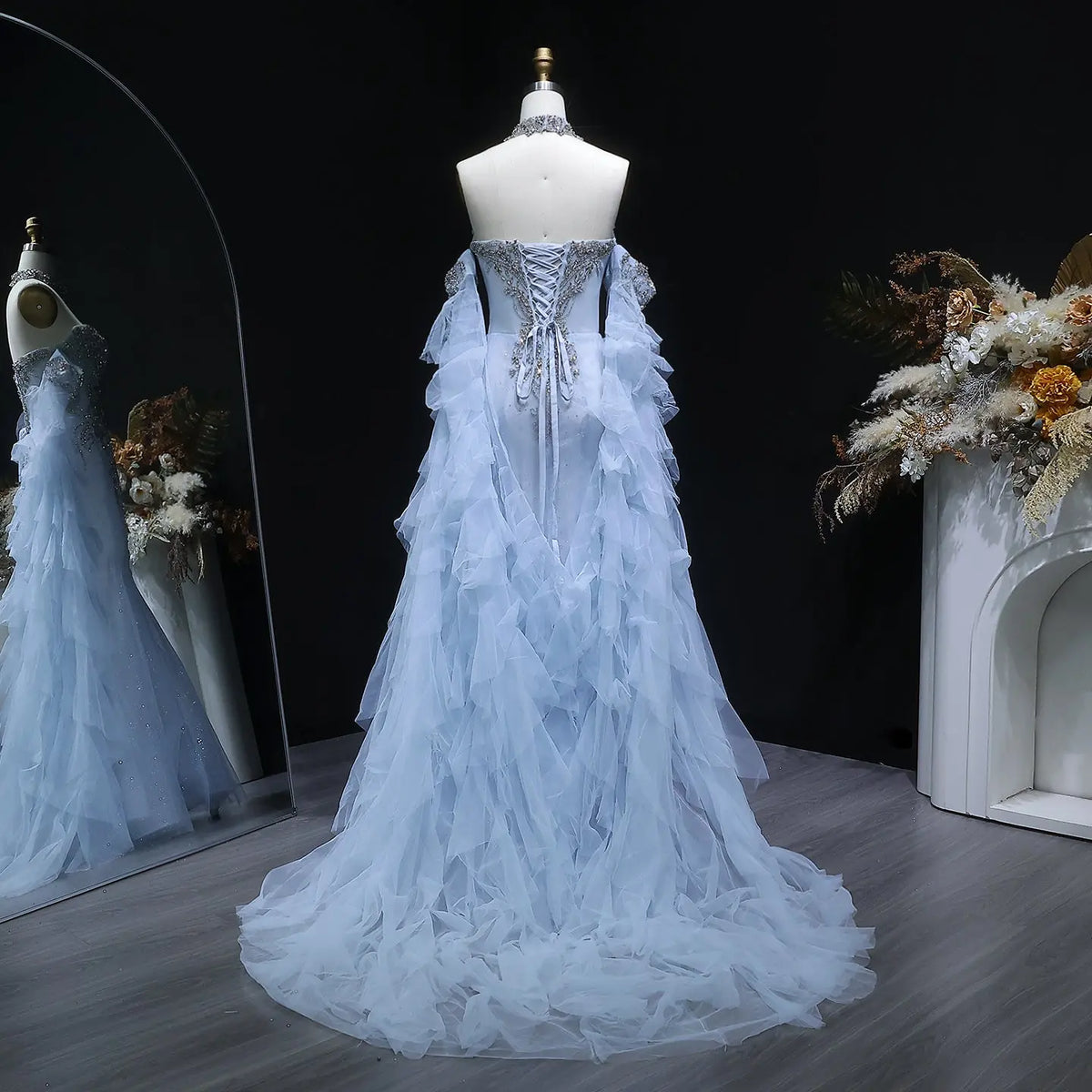 Luxury Blue Beaded Tulle Evening Dress with Flowing Sleeves SS723 