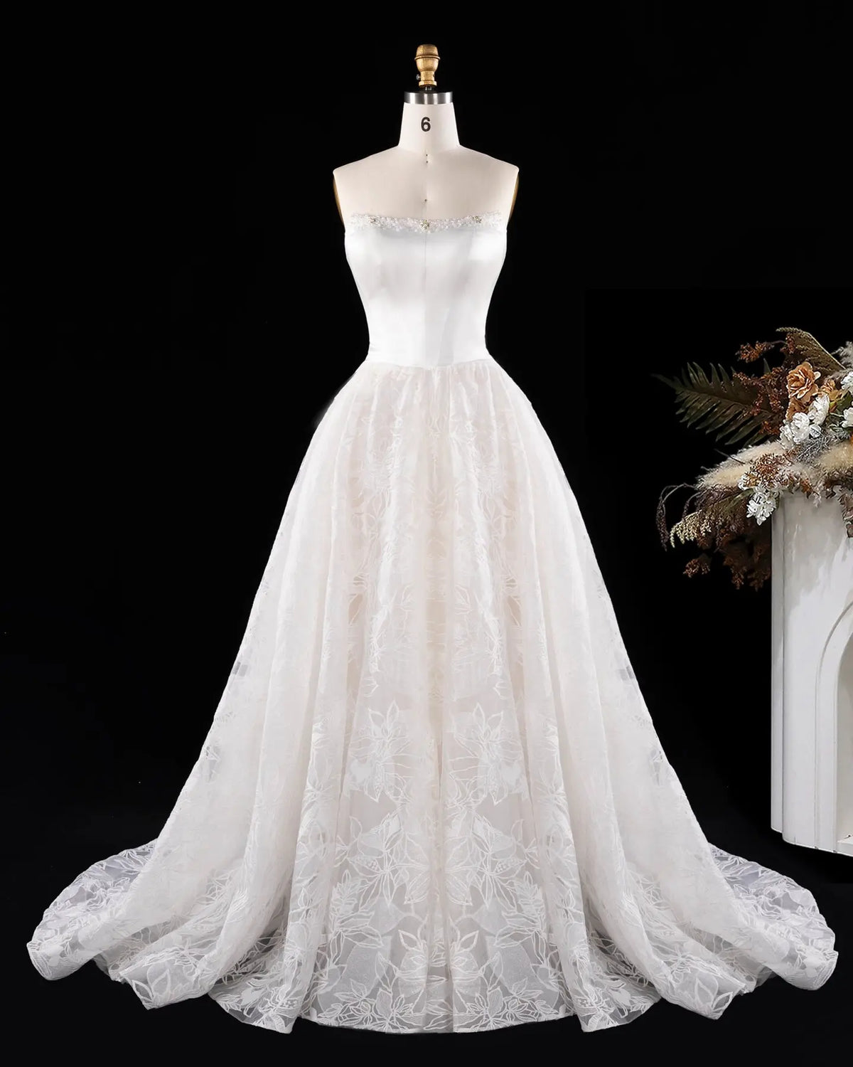 Off White Strapless Satin Lace Wedding Dress