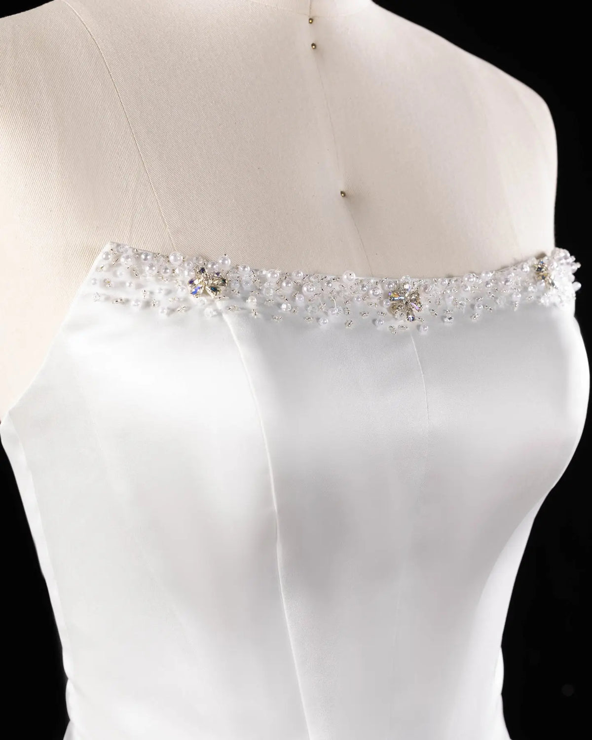 Off White Strapless Satin Lace Wedding Dress-6