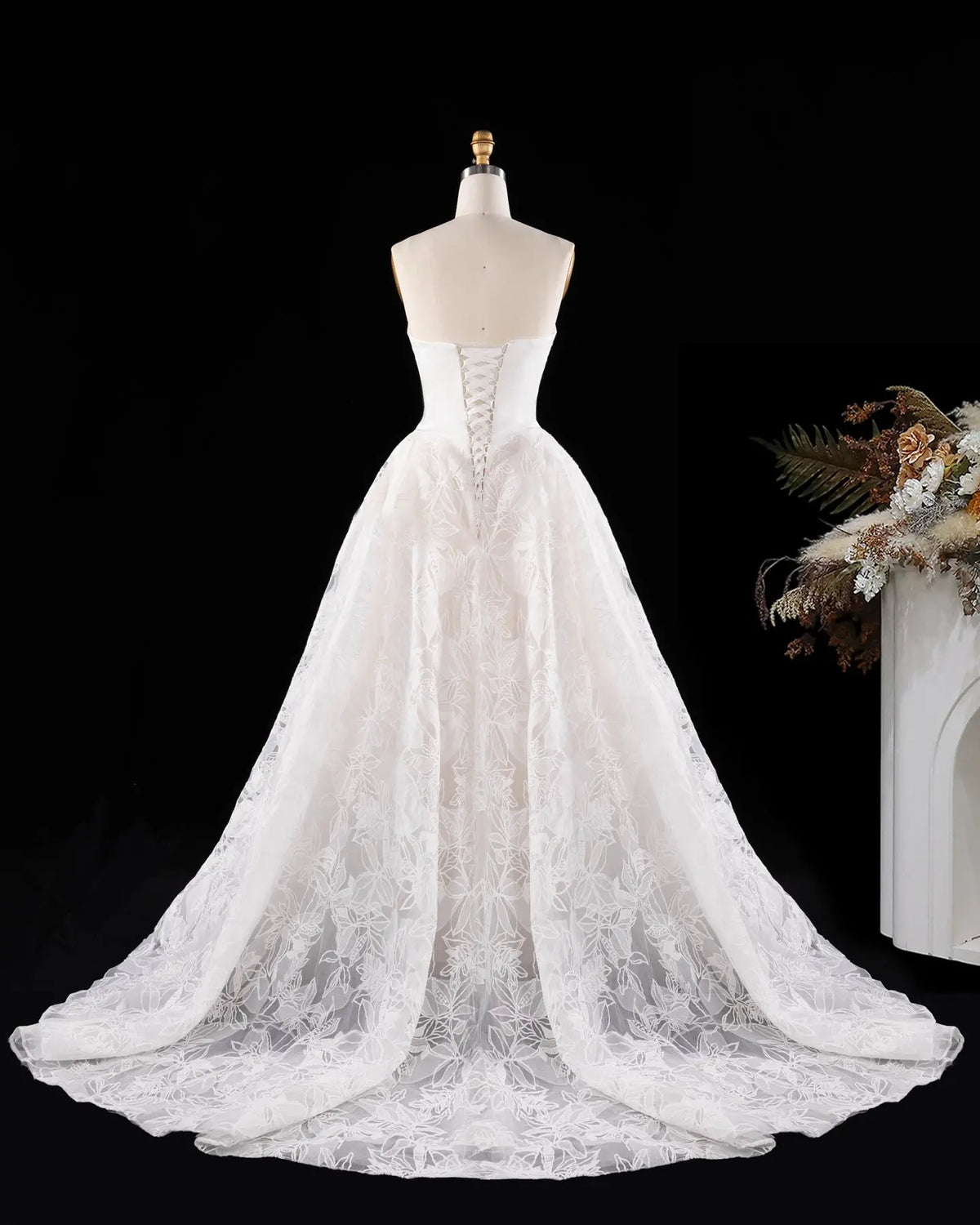 Off White Strapless Satin Lace Wedding Dress-8