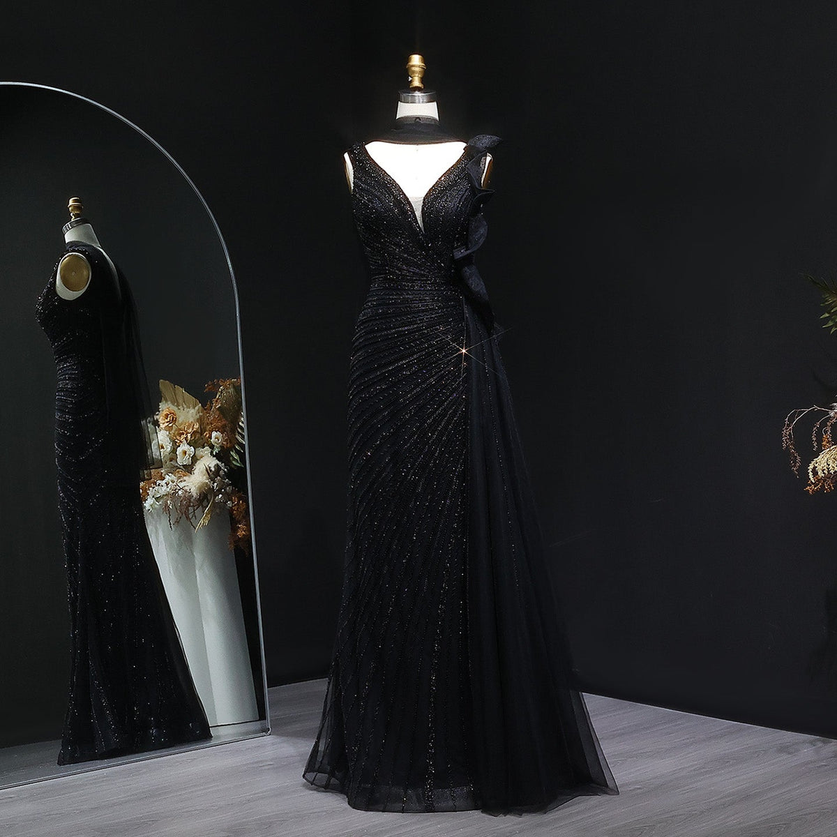 Luxury Beaded Mermaid Evening Dress with Scarf and Overskirt SS189