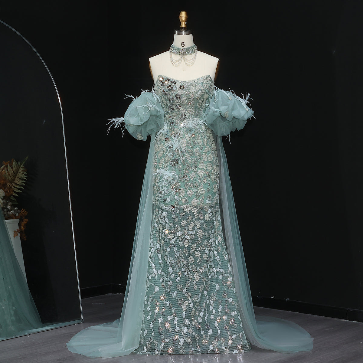 Sparkly Aqua Evening Dress with Feathered Cape Choker SS519