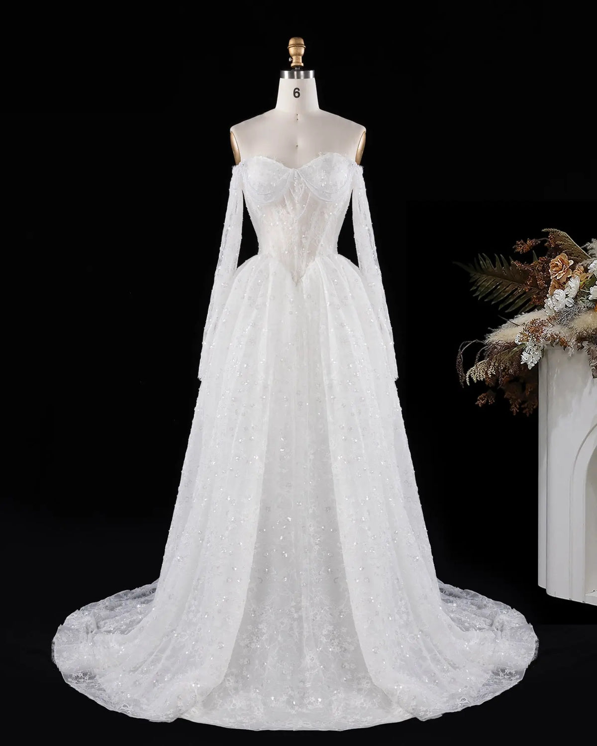 White Long Sleeve Lace Illusion Wedding Dress SW615-2