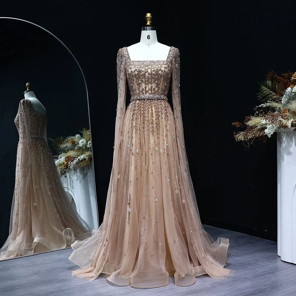 Luxury Square Neck Evening Dress with Cape Sleeves SS494 Luxury Square Neck Evening Dress with Cape Sleeves SS494