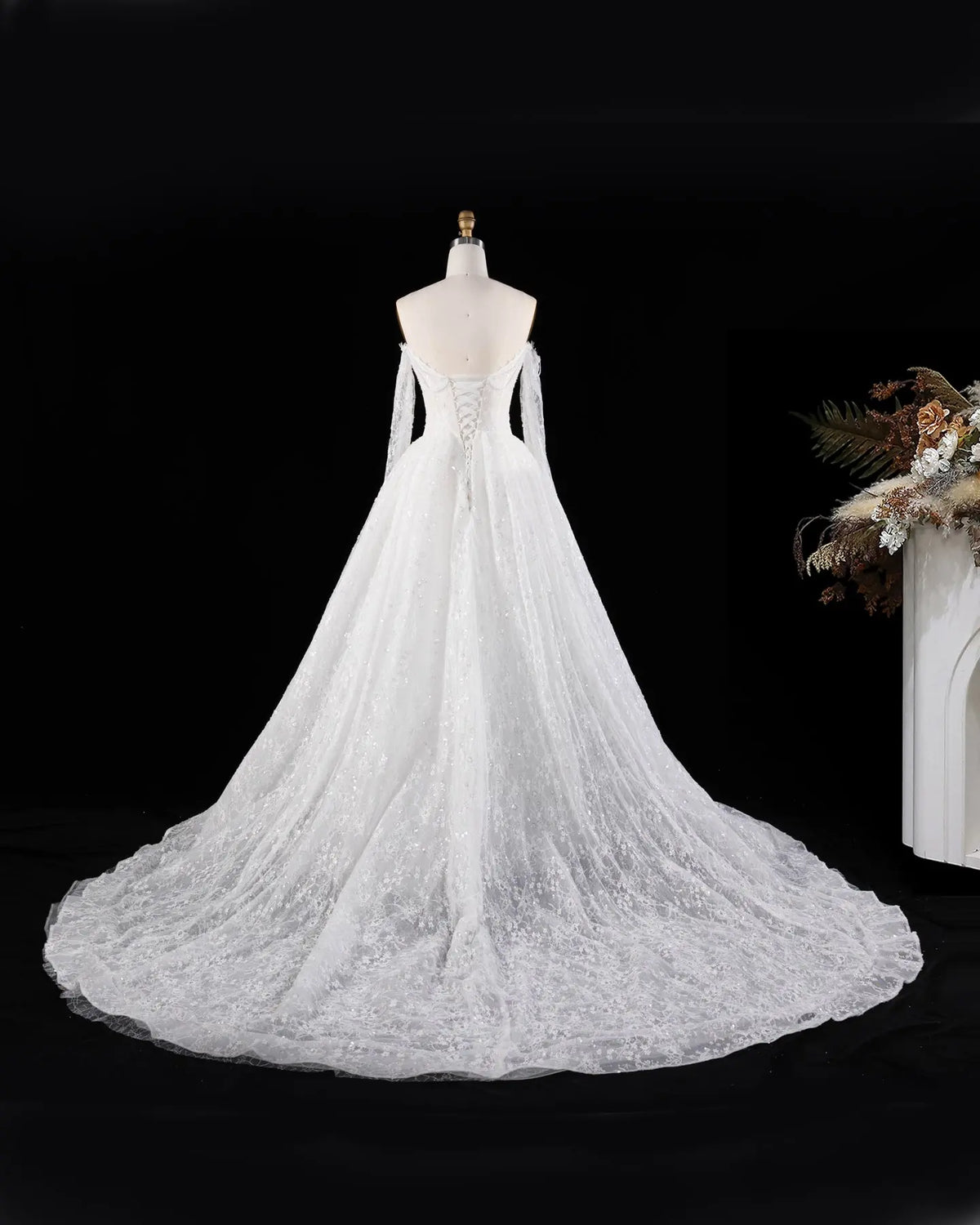 White Long Sleeve Lace Illusion Wedding Dress SW615-9