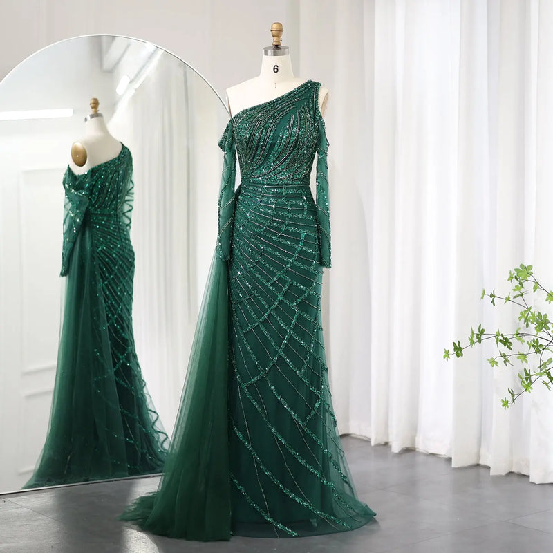 Emerald Green One Shoulder Evening Dress with Overskirt SS197 
