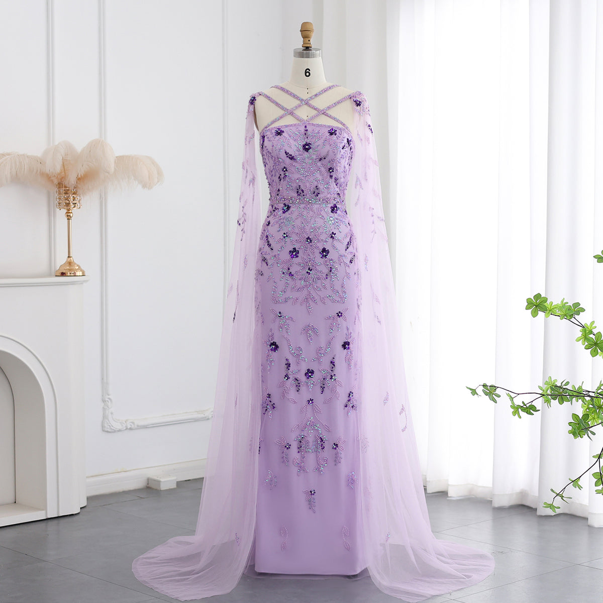 Luxury Lilac Criss Cross Evening Dress with Cape Sleeves SS370