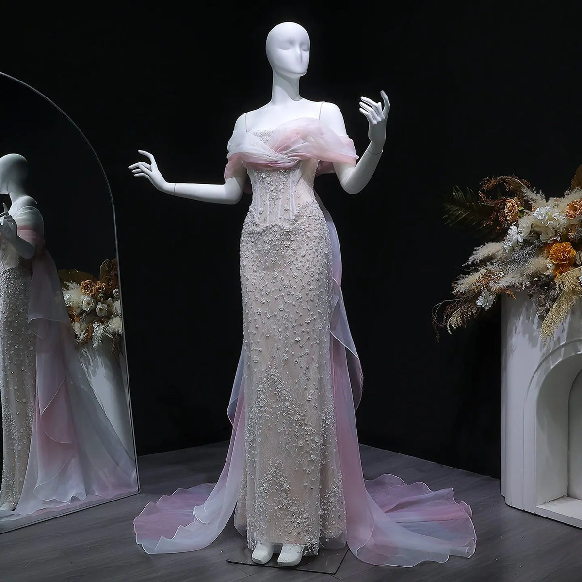 Glamorous Blush Pink Off-the-Shoulder Draped Sequin Evening Dress SS519 