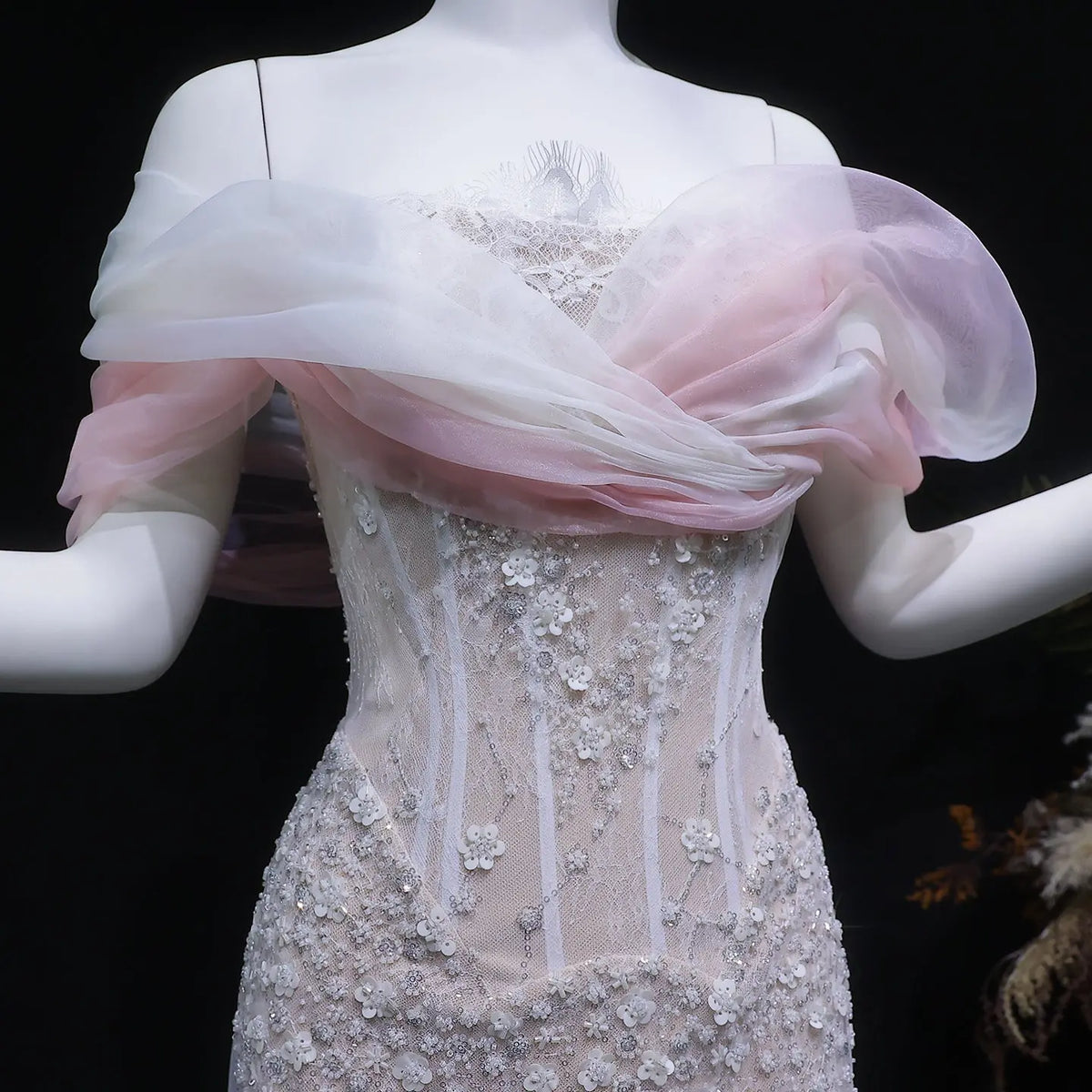 Glamorous Blush Pink Off-the-Shoulder Draped Sequin Evening Dress SS519 