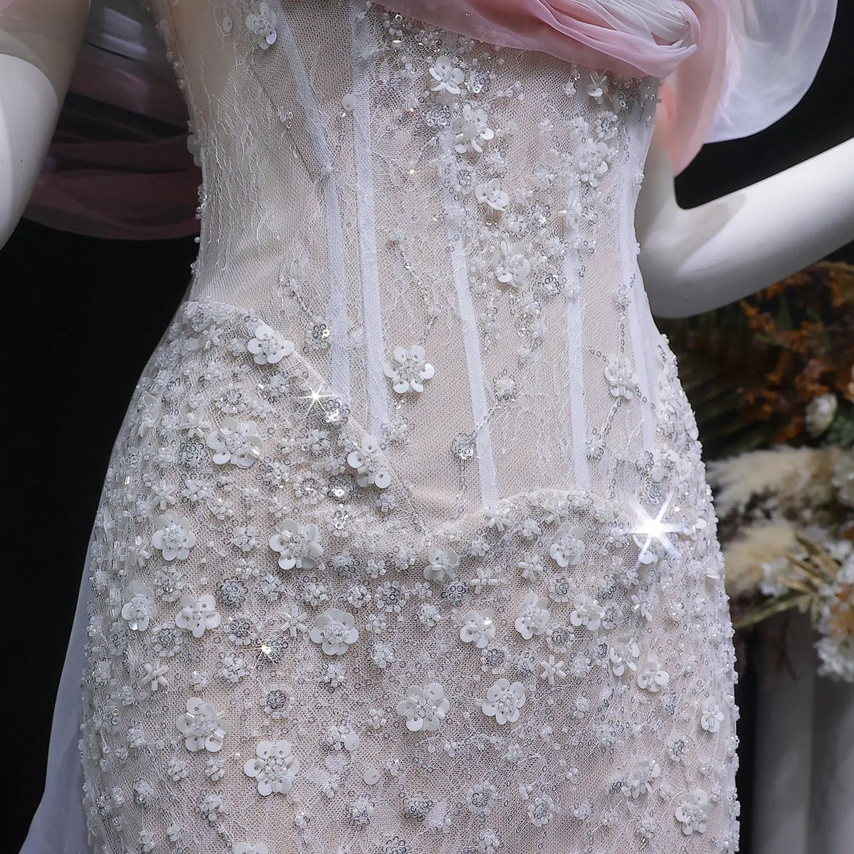 Glamorous Blush Pink Off-the-Shoulder Draped Sequin Evening Dress SS519 