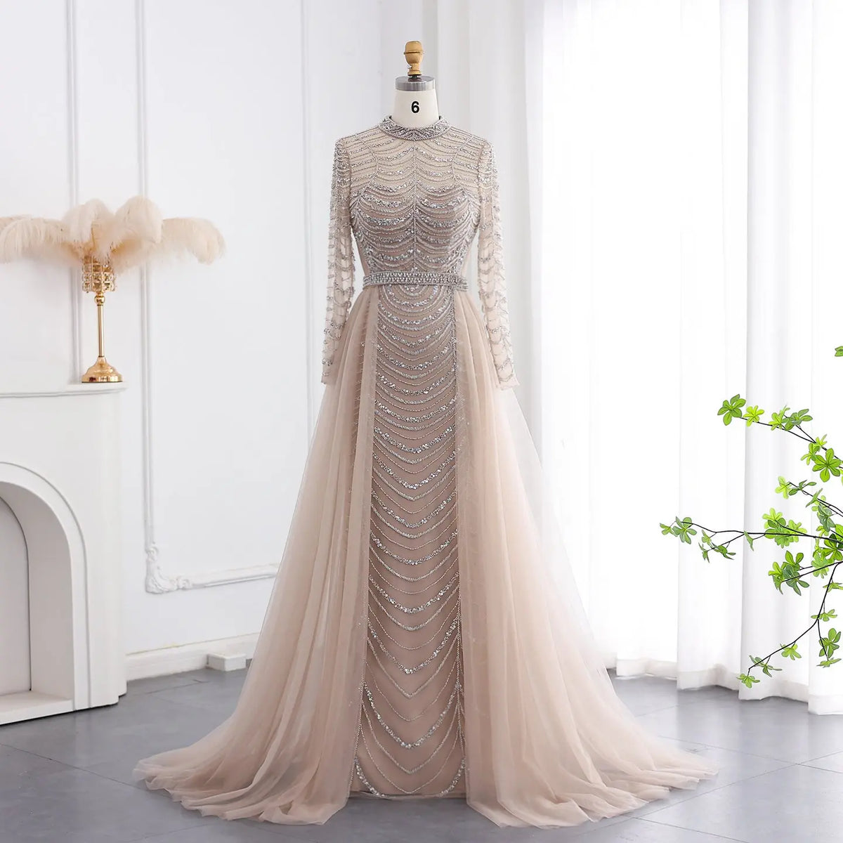 Luxury Champagne Long Sleeves Evening Dress with Overskirt SS173 - SHARONSAID Luxury Champagne Long Sleeves Evening Dress with Overskirt SS173 - SHARONSAID