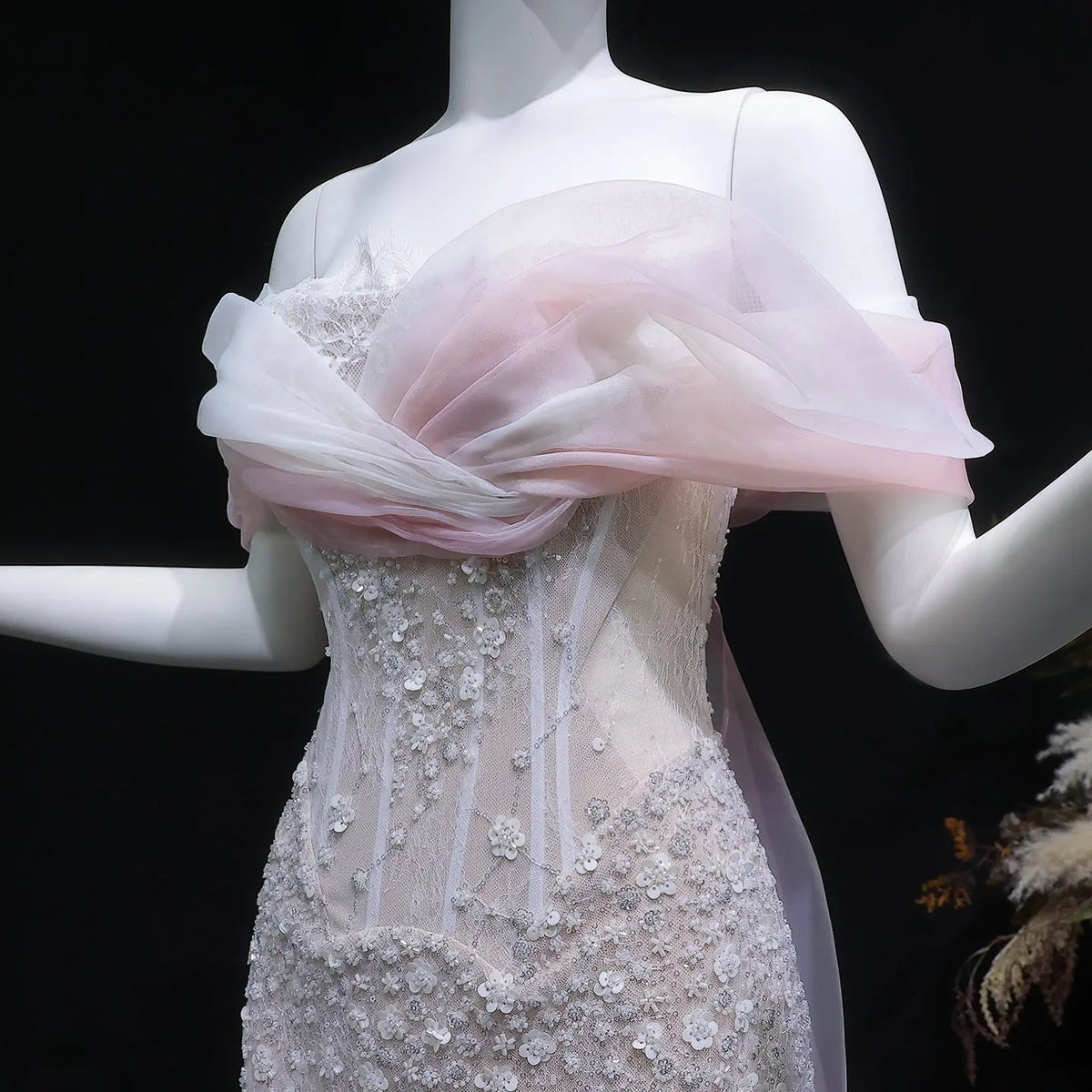 Glamorous Blush Pink Off-the-Shoulder Draped Sequin Evening Dress SS519 