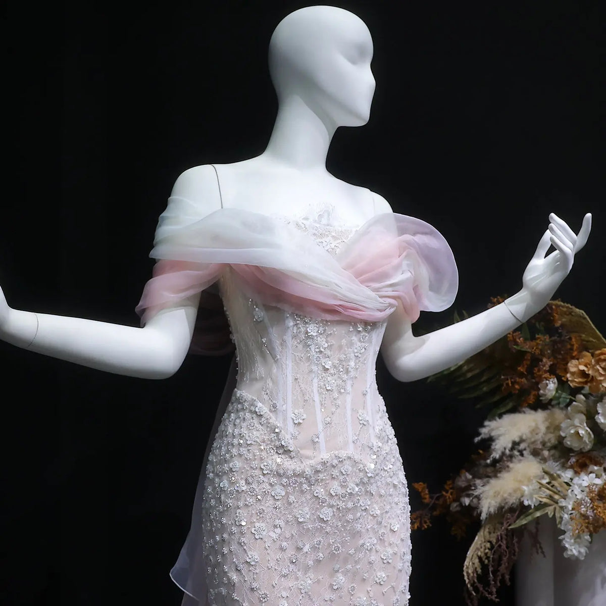 Glamorous Blush Pink Off-the-Shoulder Draped Sequin Evening Dress SS519 