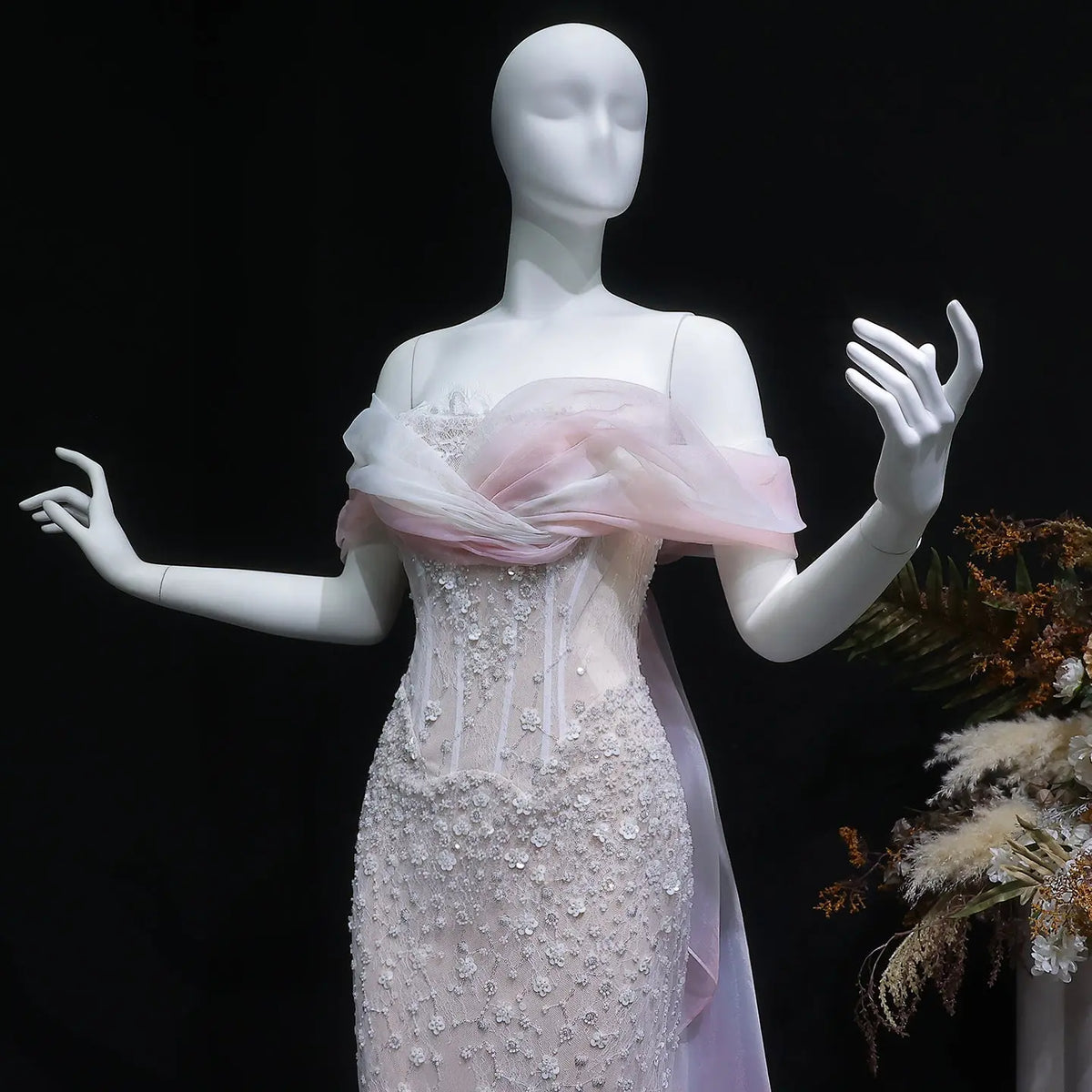 Glamorous Blush Pink Off-the-Shoulder Draped Sequin Evening Dress SS519 