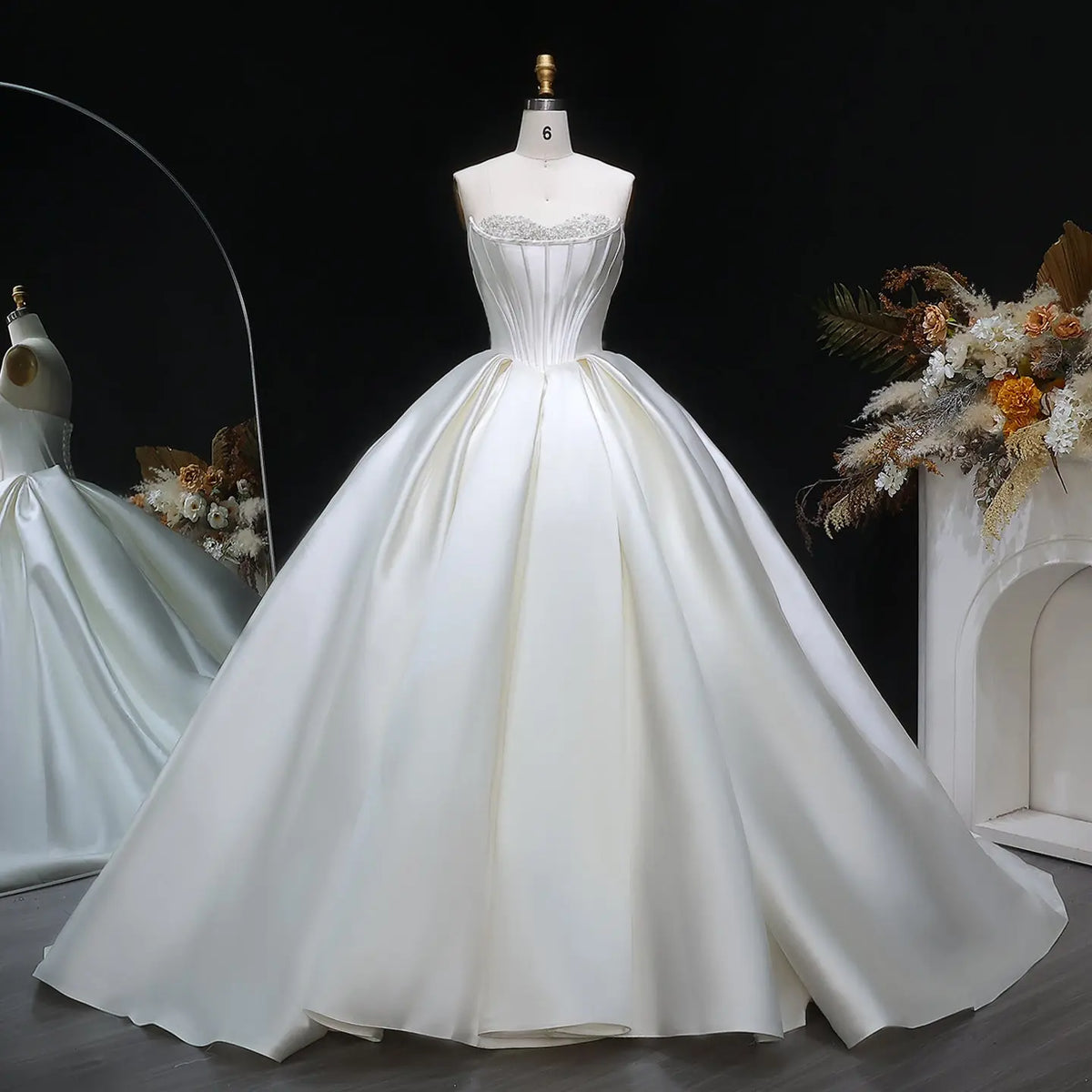Luxury Pearl Strapless Ball Gown White Wedding Dress RS025 