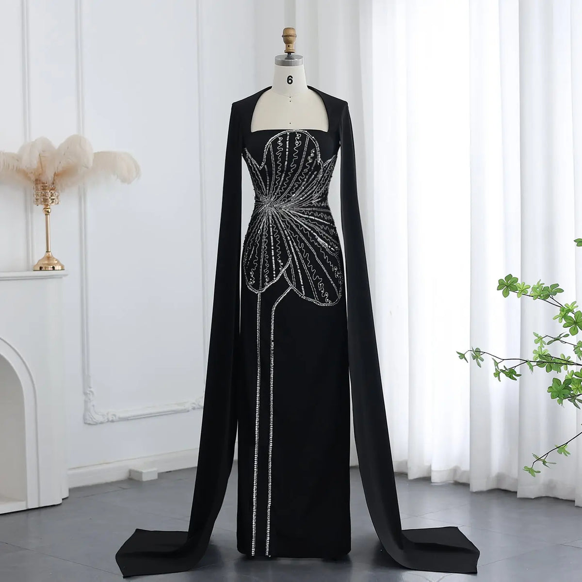 Elegant Black Beaded Evening Dress with Cape Sleeves SS275 - SHARONSAID Elegant Black Beaded Evening Dress with Cape Sleeves SS275 - SHARONSAID