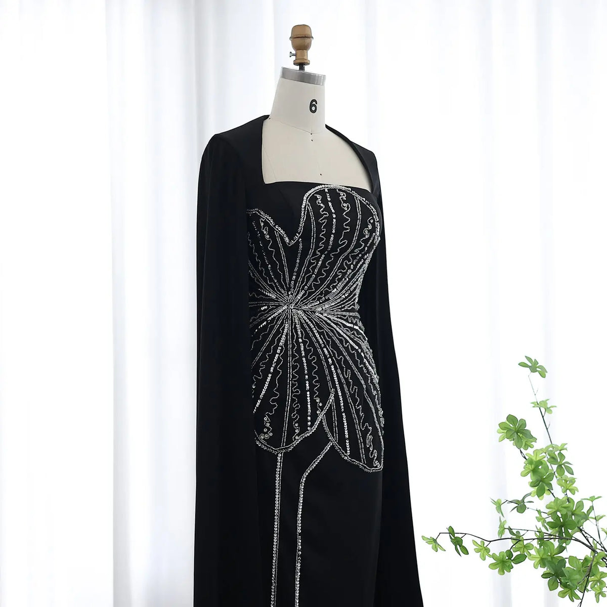 Elegant Black Beaded Evening Dress with Cape Sleeves SS275 - SHARONSAID Elegant Black Beaded Evening Dress with Cape Sleeves SS275 - SHARONSAID