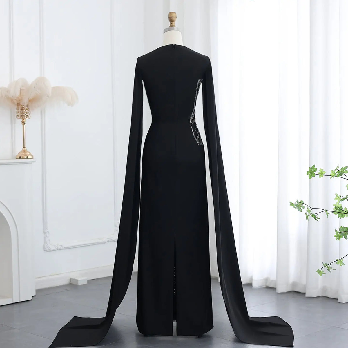 Elegant Black Beaded Evening Dress with Cape Sleeves SS275 - SHARONSAID Elegant Black Beaded Evening Dress with Cape Sleeves SS275 - SHARONSAID