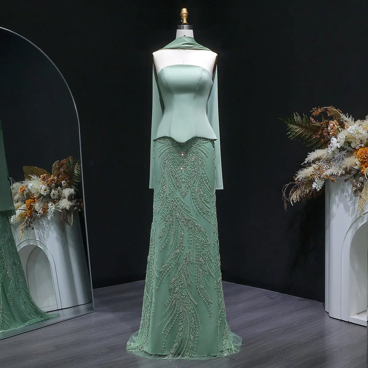 Luxury Sage Green 2 Pieces Sequin Evening Dress with Scarf Cap SS616 Luxury Sage Green 2 Pieces Sequin Evening Dress with Scarf Cap SS616