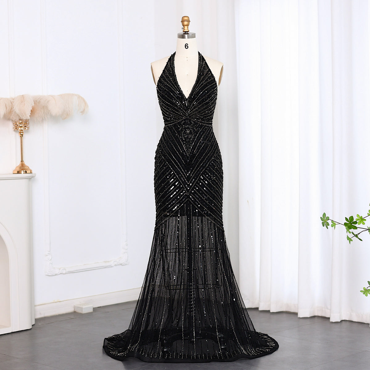 Sexy Halter Black Beaded Evening Prom Dress SS013