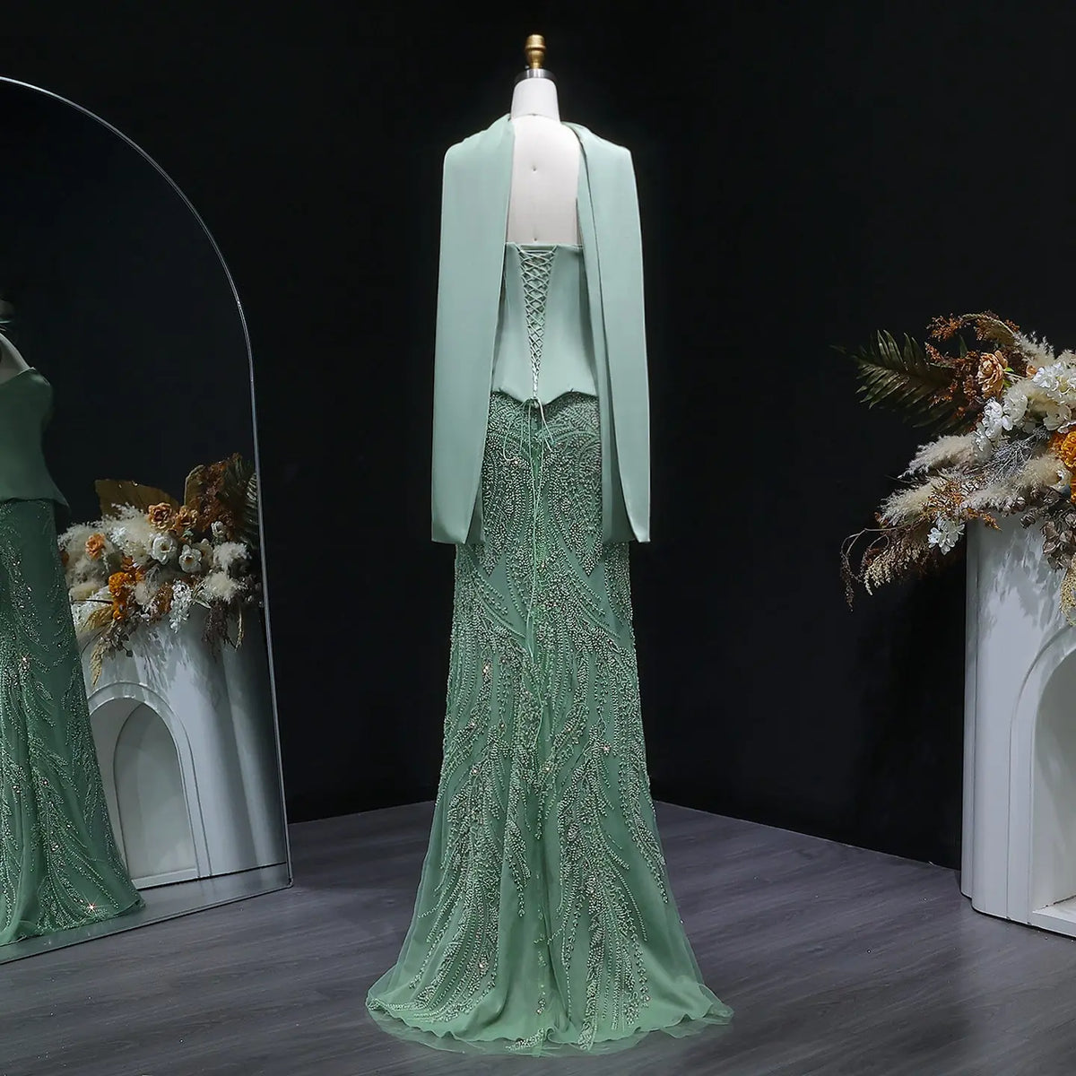 Luxury Sage Green 2 Pieces Sequin Evening Dress with Scarf Cap SS616 Luxury Sage Green 2 Pieces Sequin Evening Dress with Scarf Cap SS616