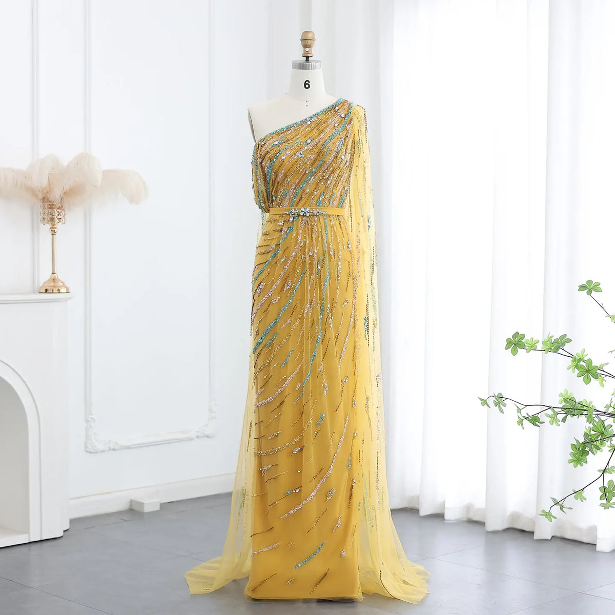 Colorful Beaded One Shoulder Yellow Evening Dress with Cape SS423 - SHARONSAID Colorful Beaded One Shoulder Yellow Evening Dress with Cape SS423 - SHARONSAID