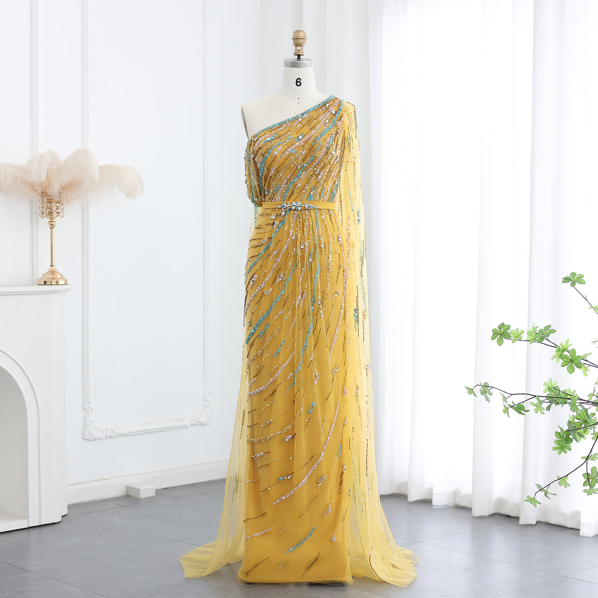 Colorful Beaded One Shoulder Yellow Evening Dress with Cape SS423