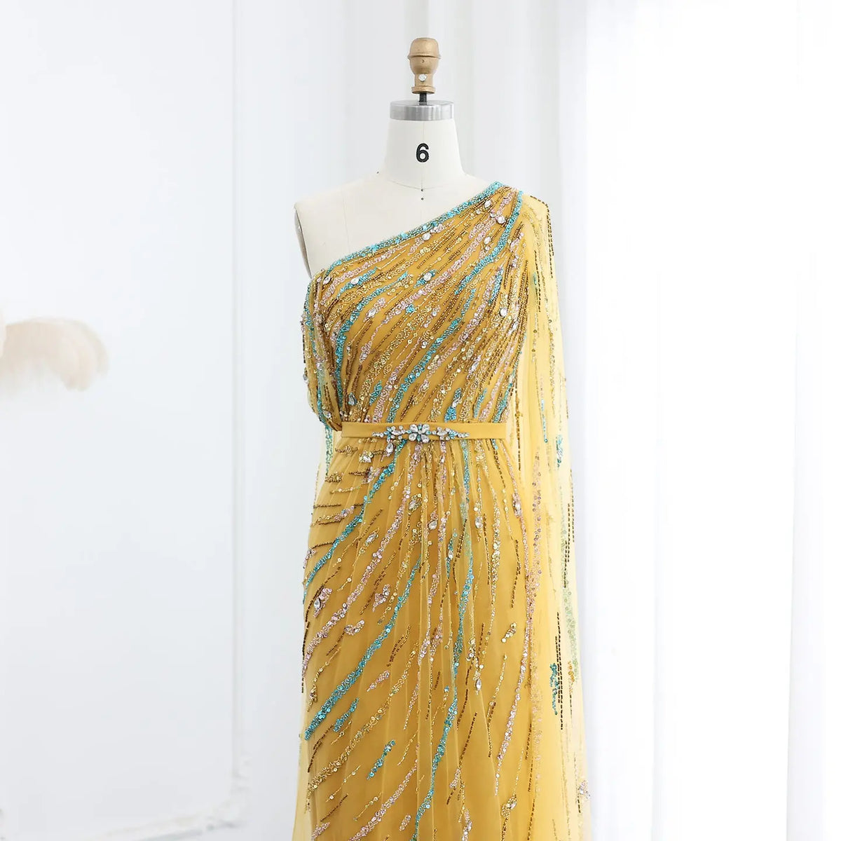 Colorful Beaded One Shoulder Yellow Evening Dress with Cape SS423 